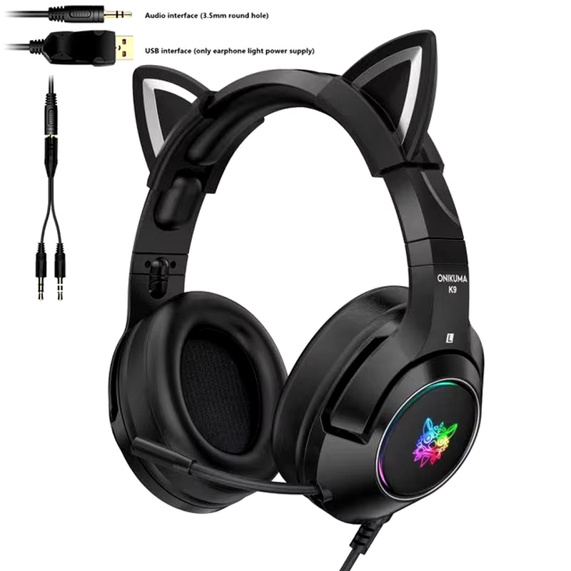 New Arrival LED Cat Ear Gaming Headphones Pink Headset 7.1 Stereo Sound Removable Cat Ear Wired Gaming Headsets with Mic