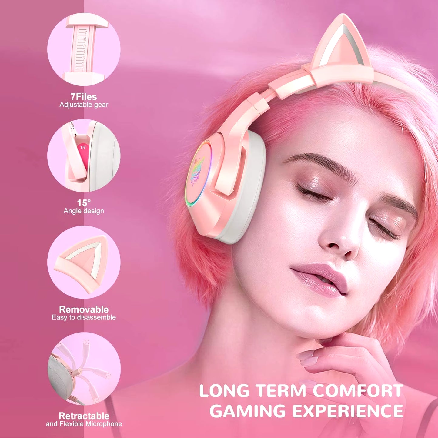New Arrival LED Cat Ear Gaming Headphones Pink Headset 7.1 Stereo Sound Removable Cat Ear Wired Gaming Headsets with Mic