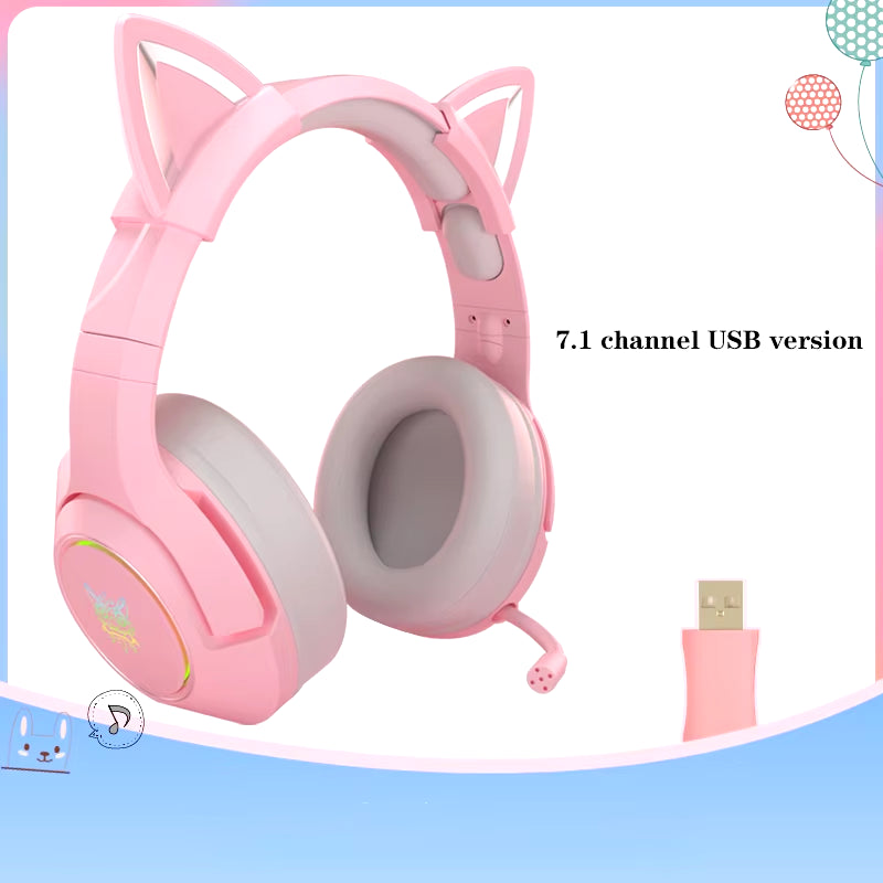 New Arrival LED Cat Ear Gaming Headphones Pink Headset 7.1 Stereo Sound Removable Cat Ear Wired Gaming Headsets with Mic