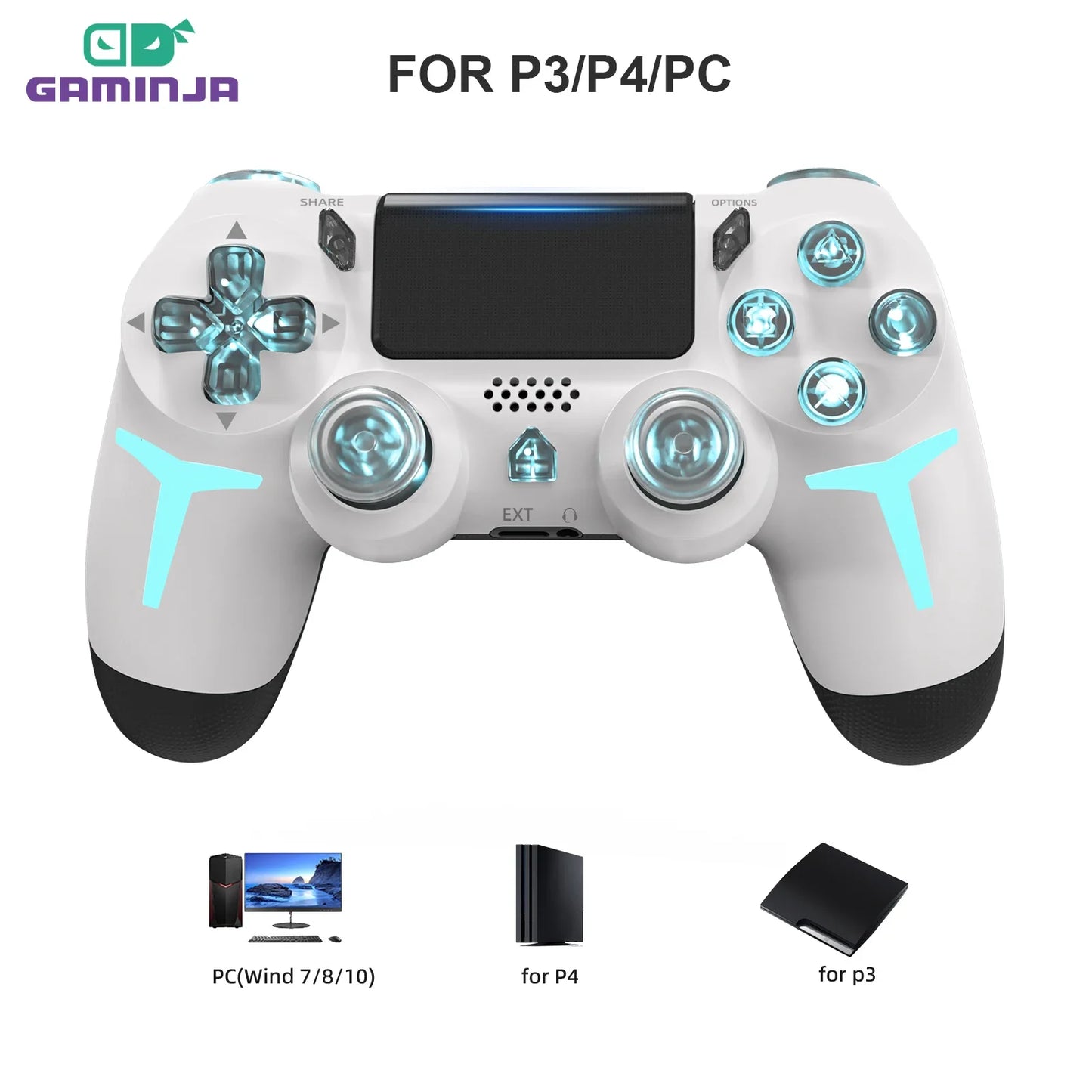 RGB Wireless Game Controller for PS4/PS3/PC – LED Bluetooth Gamepad with 6-Axis Gyro & Dual Vibration