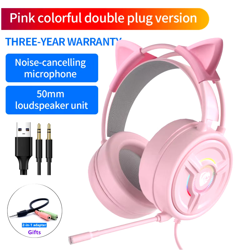 New Arrival LED Cat Ear Gaming Headphones Pink Headset 7.1 Stereo Sound Removable Cat Ear Wired Gaming Headsets with Mic